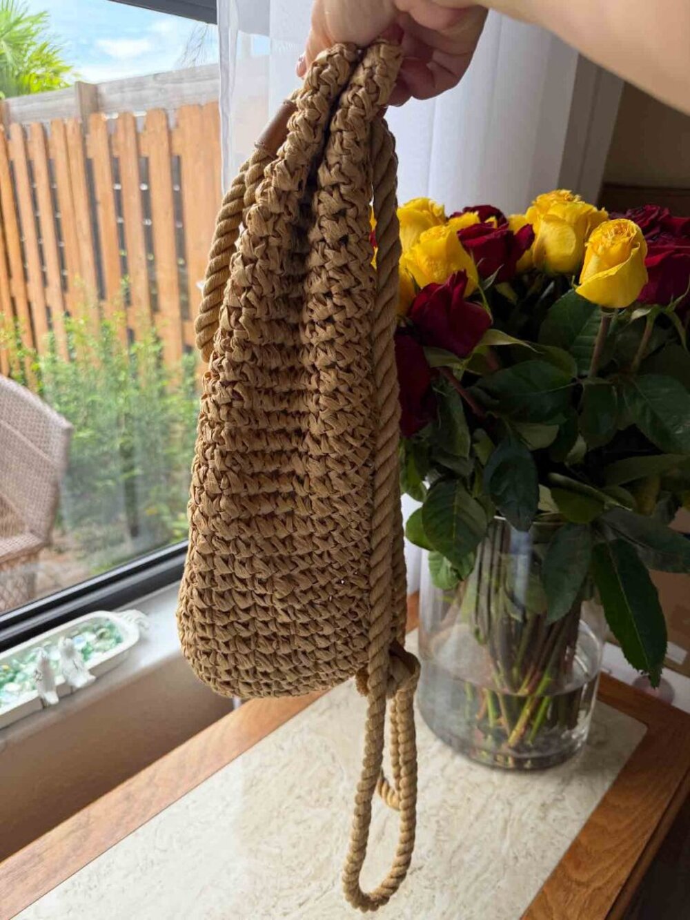 ZARA Woven Paper Raffia Backpack Bucket Bag Rope Drawstring Boho Beach Tan - Picture 4 of 16